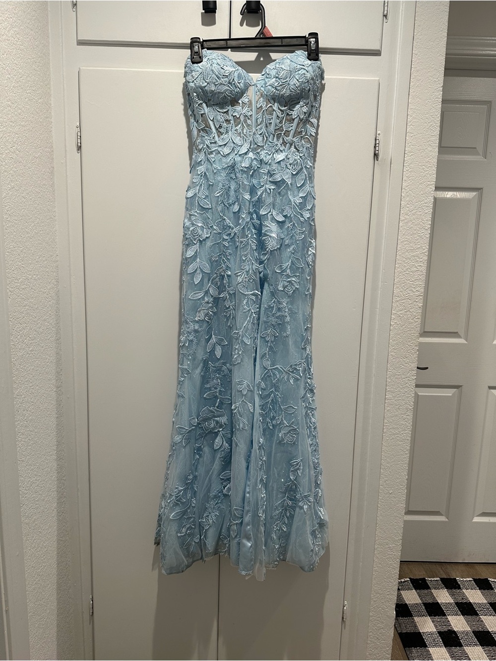 Strapless Light Blue Lace Evening Gown